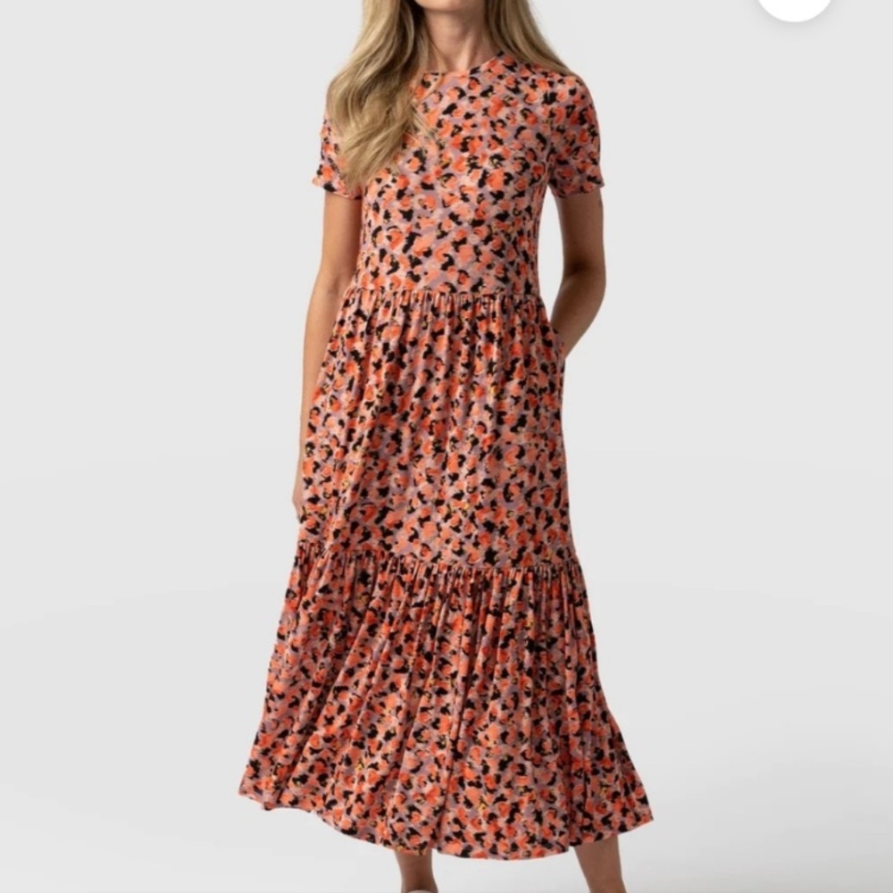 Women's Short-Sleeve Floral Maxi Dress - Coral Pink